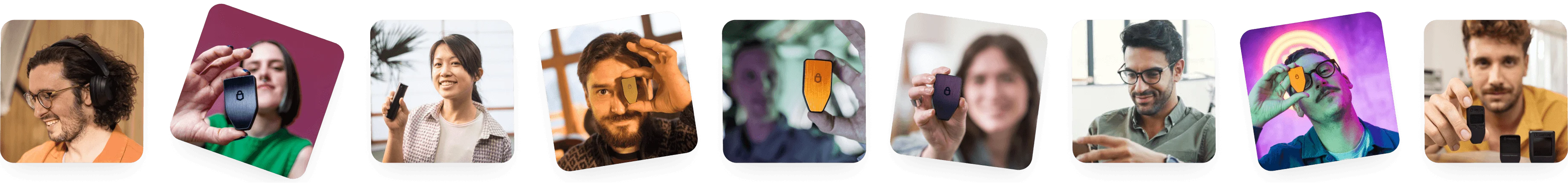 A collage of diverse people holding or using Trezor, in various settings such as indoors, outdoors, and tech-lit environments.